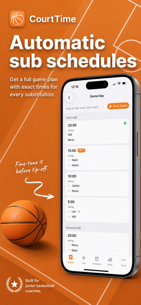 The Game Day screen listing every substitution with its exact clock time, split into first and second half.