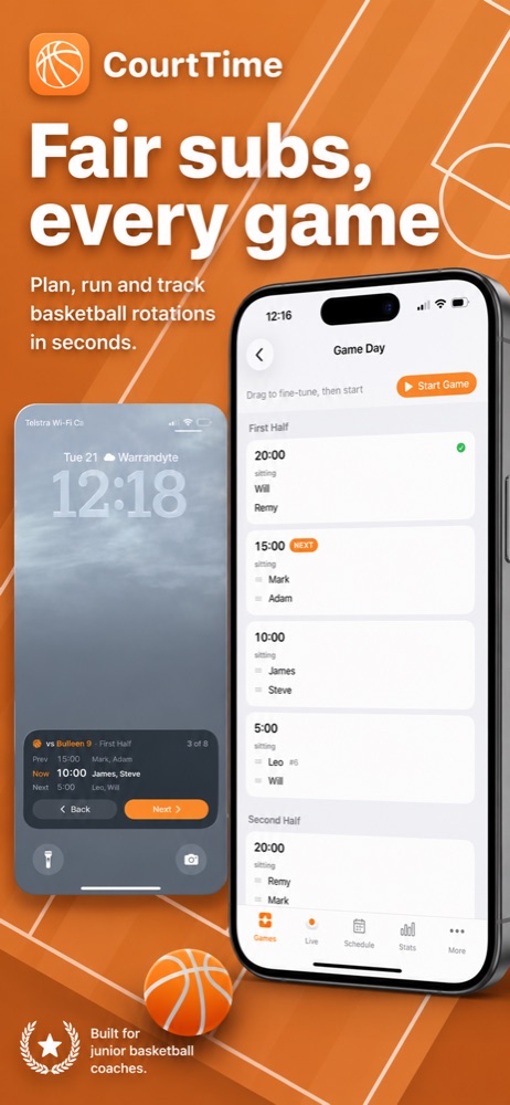 CourtTime game day screen showing a full substitution schedule, and the same schedule running as a Live Activity on the iPhone Lock Screen.