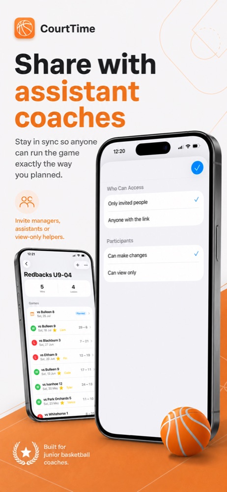 Team sharing settings for inviting other coaches, with options for who can access the team and whether they can make changes.